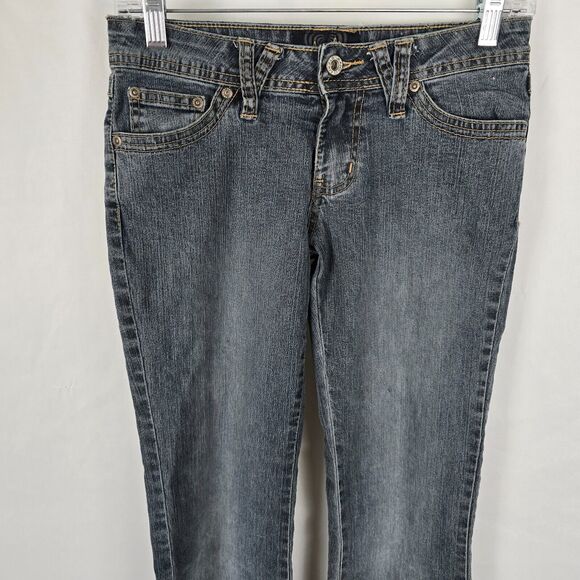 Angels Jeans Juniors 3 Blue Flare Raw Hem Ankle Embordered Sequin Bejeweled - Picture 2 of 16